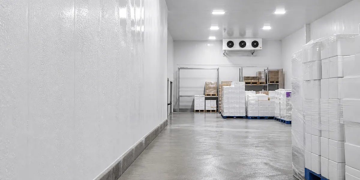 Câmara fria branca com pintura industrial íntegra e ambiente bem iluminado